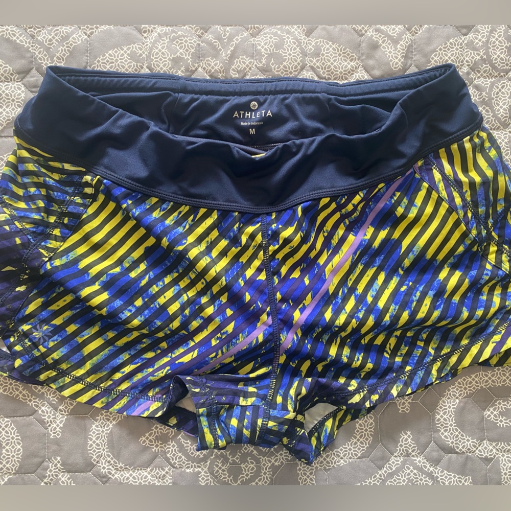 Athleta cute yellow, purple & navy running shorts